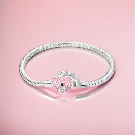 SolariaJewelry Bettelarmband Chain Bracelet 925 Silber, mit Pink Lila Herz Schloss Perle, Kette Armband
