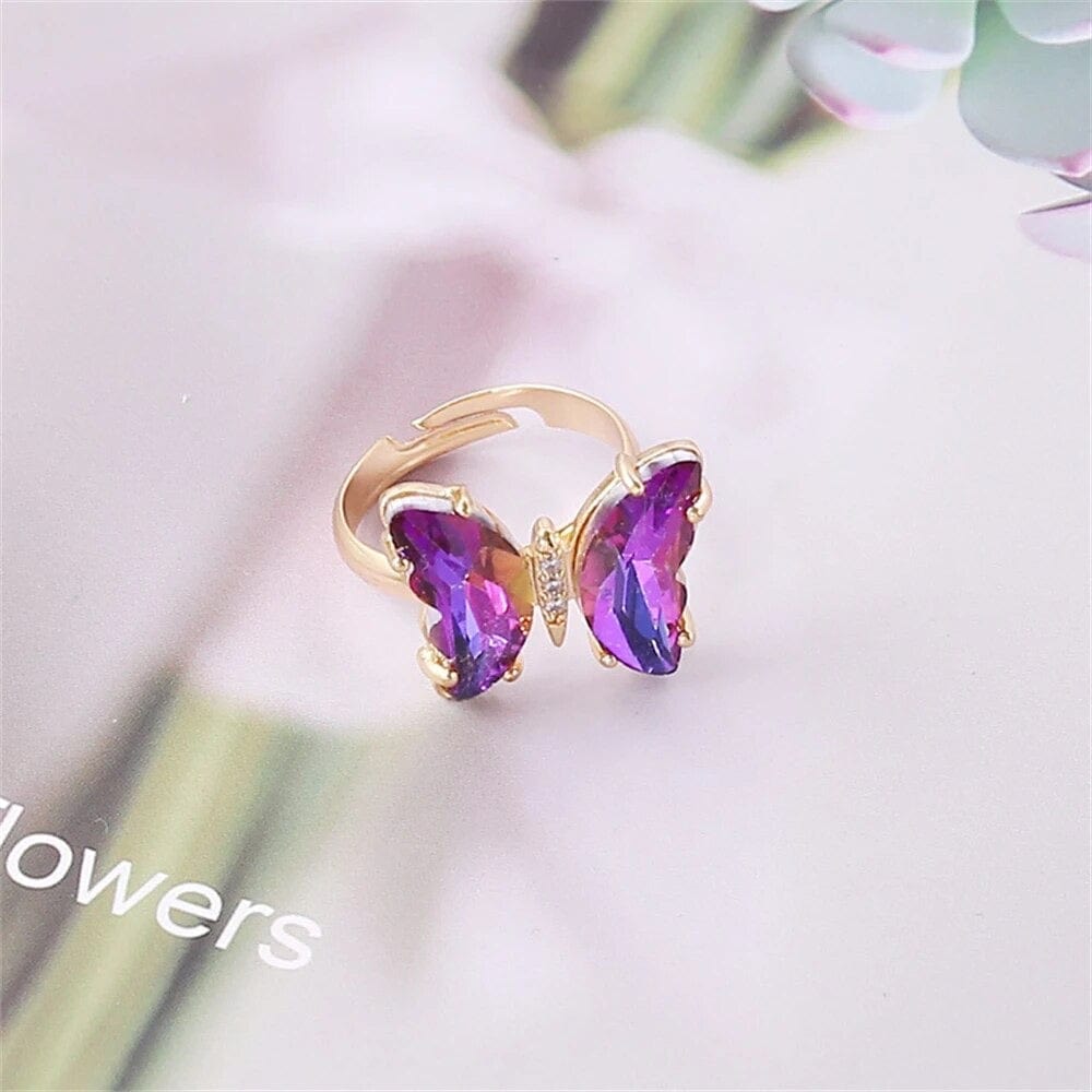 SolariaJewelry blue-purple Goldener Kristall Schmetterling Ring, Two-Tone changierend