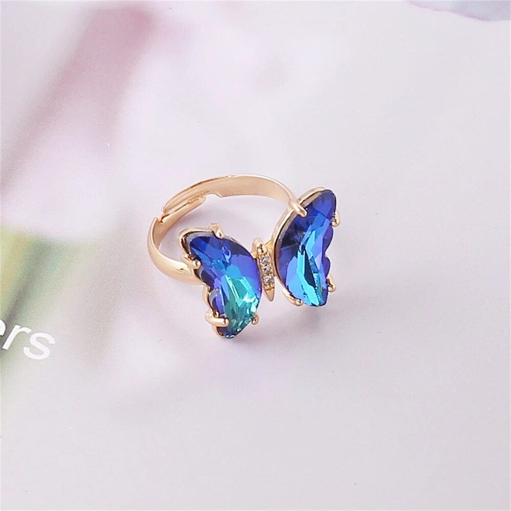 SolariaJewelry blue-turquoise Goldener Kristall Schmetterling Ring, Two-Tone changierend