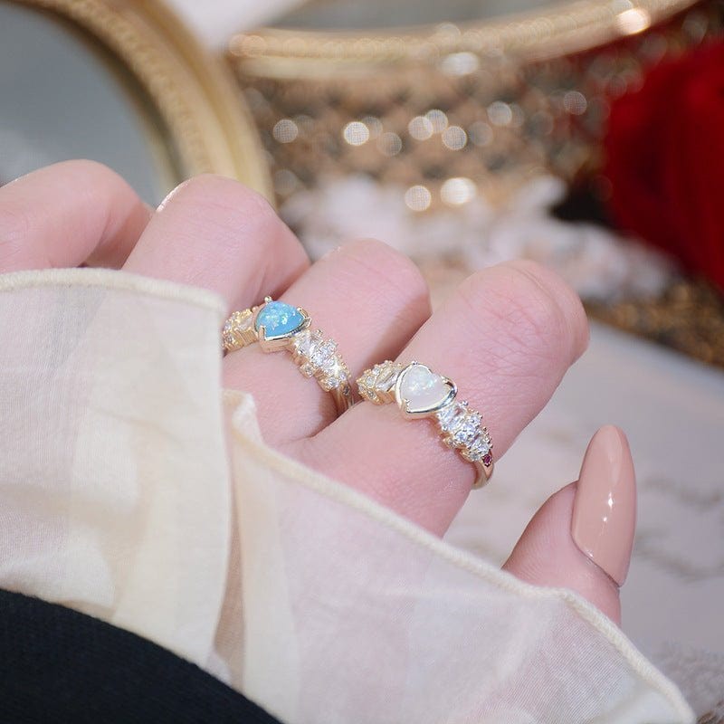 Opal Herz Ring mit Zirconia Kristall und kunstlichen Opal Gold mit bl SolariaJewelry